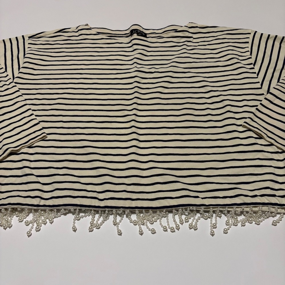 J.Crew Womens 2X Navy Ivory Striped Boatneck Top Pearl Fringe Hem Cropped Cotton - Picture 3 of 5
